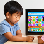 **Prompt:** A dynamic, split-frame image illustrating the dual nature of digital media for children. One side should feature bright, engaging scenes of Thai children joyfully interacting with educational apps, showing active learning, creativity, and problem-solving, with elements like virtual building blocks or language learning interfaces. The other side, in contrast, should subtly depict the potential downsides: a child staring blankly at a screen, perhaps isolated or showing a slight sign of disengagement, conveying concerns about attention span or social interaction. The overall composition should be set in a modern home environment, capturing the challenges and opportunities of screen time.