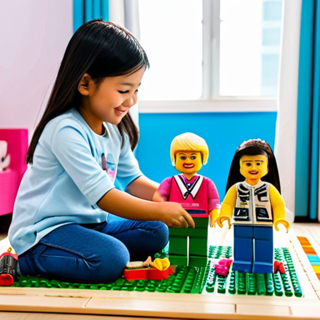 **
"A young Thai girl, dressed in modest but colorful everyday clothing, is playing with LEGOs and a Barbie doll in a bright, cheerful playroom filled with various toys. The scene promotes gender equality by showing her enjoying toys traditionally associated with both boys and girls. Background includes posters with empowering messages. Safe for work, appropriate content, fully clothed, professional, family-friendly, perfect anatomy, correct proportions, natural pose, well-formed hands, proper finger count."
**