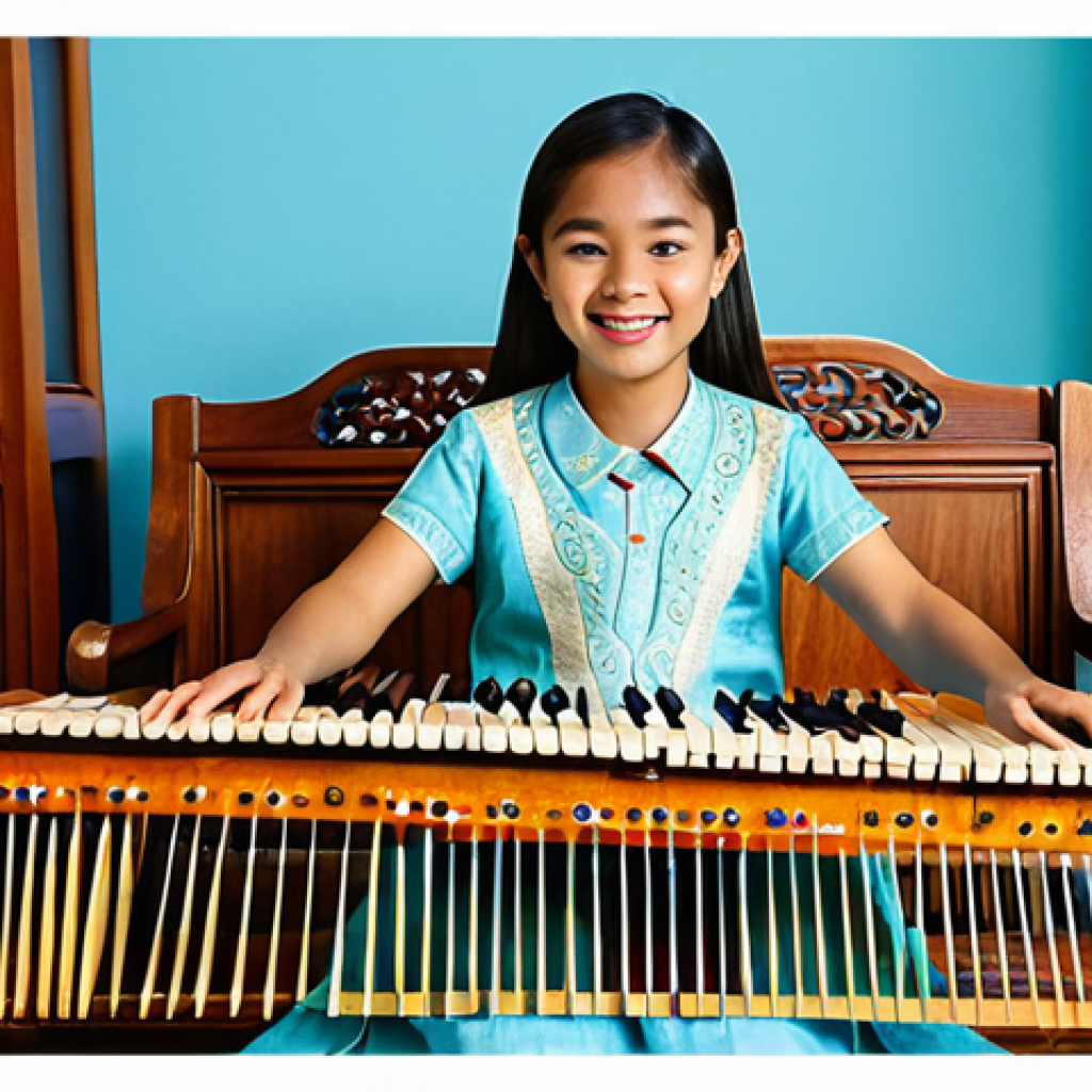 헤이지니의 어린이 음악 교육 콘텐츠 - A young Thai girl in a traditional, fully clothed Thai dress, playing a Khim (Thai hammered dulcimer...