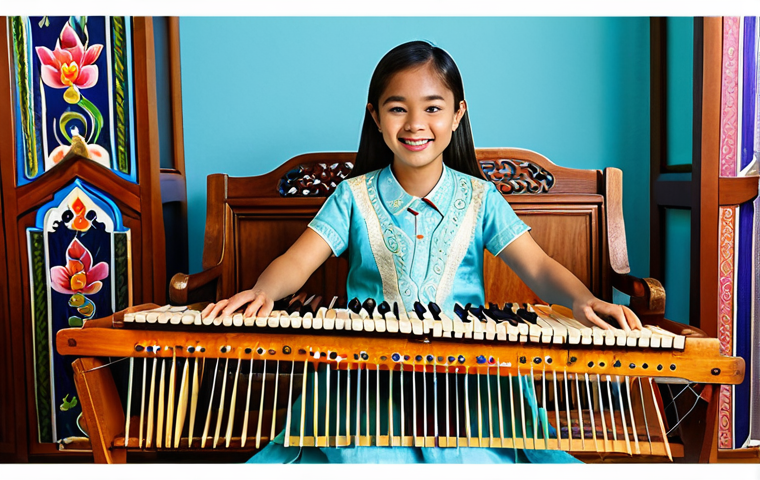 헤이지니의 어린이 음악 교육 콘텐츠 - A young Thai girl in a traditional, fully clothed Thai dress, playing a Khim (Thai hammered dulcimer...