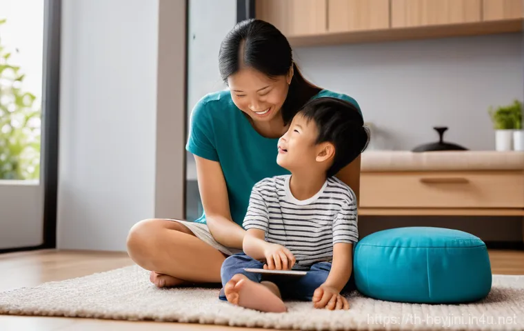 헤이지니와 감성 교육 콘텐츠 - **Prompt:** A heartwarming scene featuring a Thai mother, in her late 20s, and her young son, around...