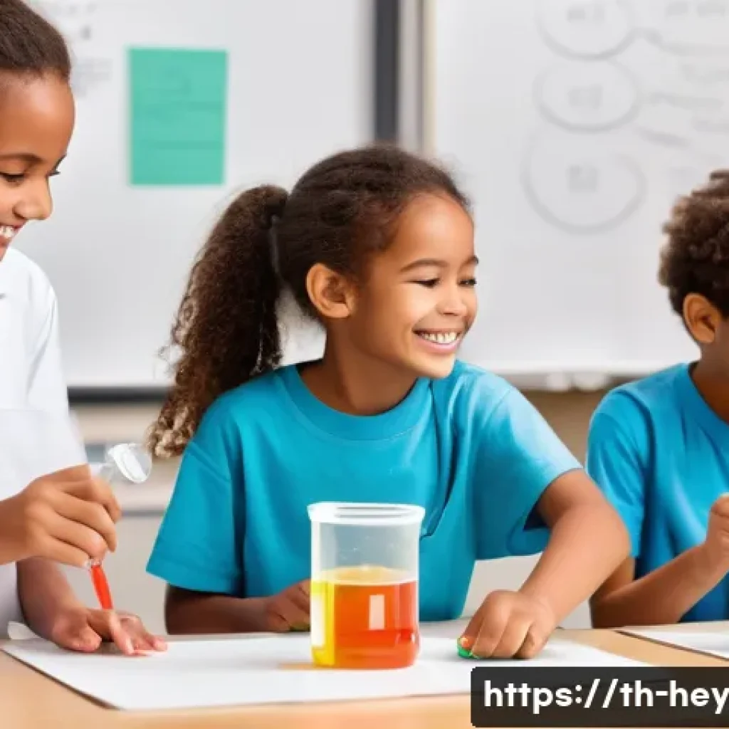 헤이지니 콘텐츠의 장르별 분석 - **A group of three diverse children, aged 7-9, excitedly conducting a vibrant, non-toxic science exp...