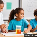 Home 21 헤이지니 콘텐츠의 장르별 분석 - **A group of three diverse children, aged 7-9, excitedly conducting a vibrant, non-toxic science exp...