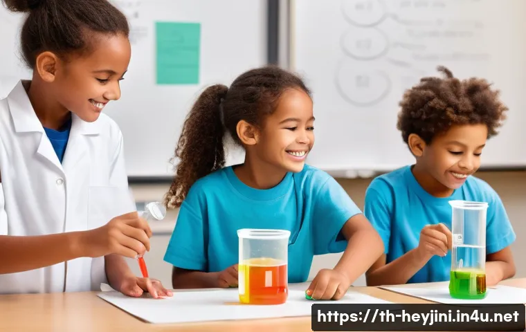 헤이지니 콘텐츠의 장르별 분석 - **A group of three diverse children, aged 7-9, excitedly conducting a vibrant, non-toxic science exp...