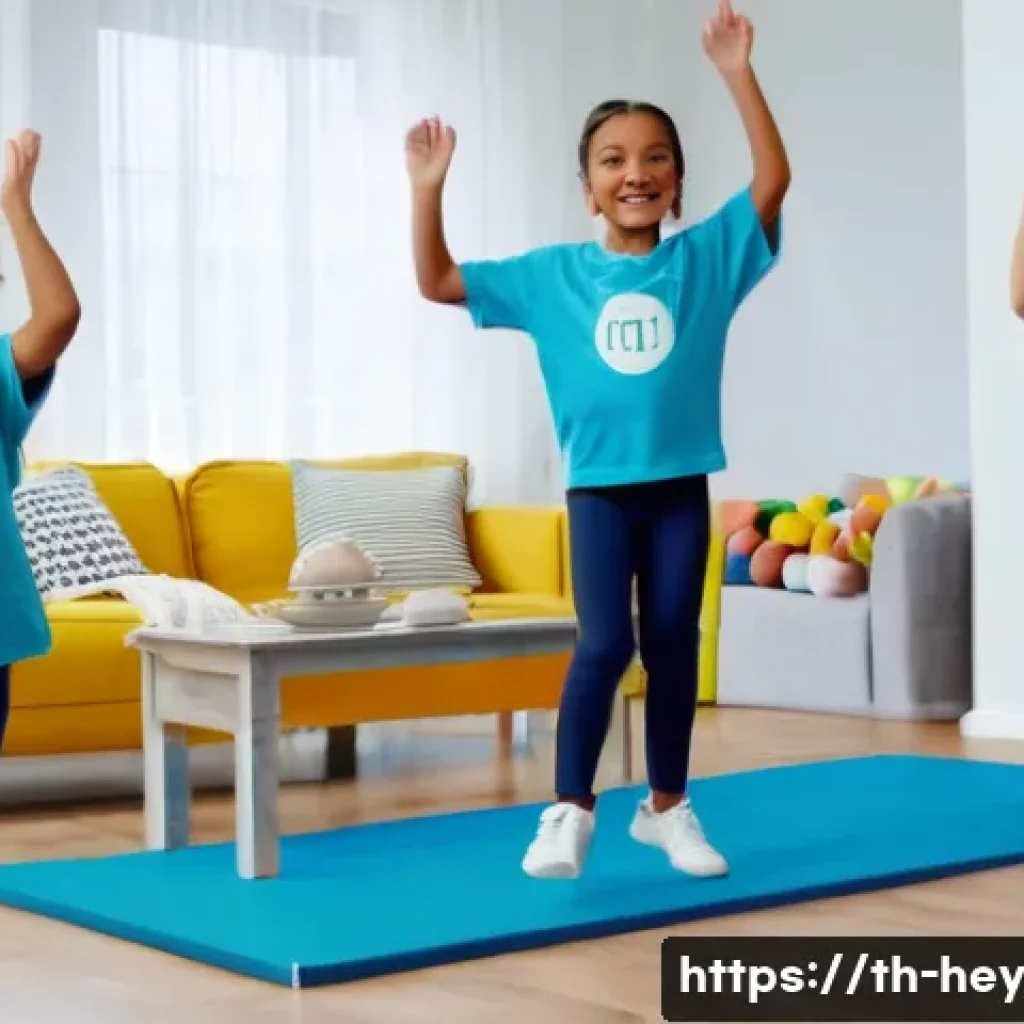 헤이지니 콘텐츠와 신체 활동 - **Prompt 1: Energetic Kids' Dance Party at Home**
    A group of three diverse children, aged approx...