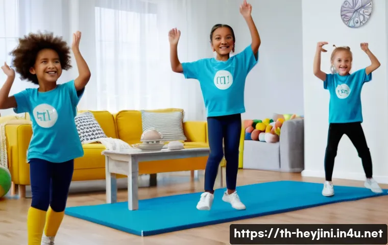 헤이지니 콘텐츠와 신체 활동 - **Prompt 1: Energetic Kids' Dance Party at Home**
    A group of three diverse children, aged approx...