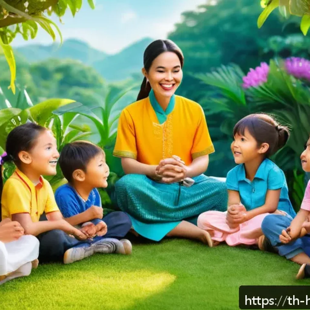 헤이지니의 독창적 스토리 기법 - A vibrant and colorful illustration of a group of diverse Thai children aged 6-8, wearing casual, mo...