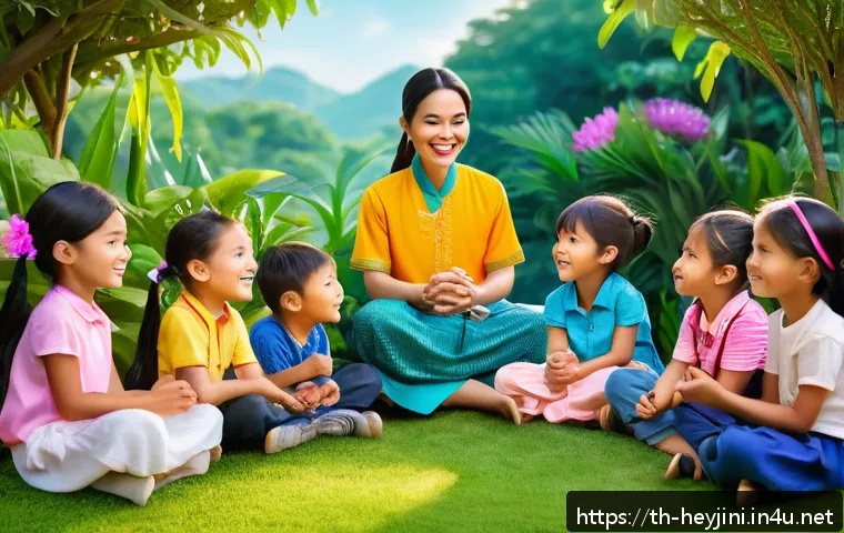 헤이지니의 독창적 스토리 기법 - A vibrant and colorful illustration of a group of diverse Thai children aged 6-8, wearing casual, mo...