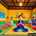 헤이지니의 상업적 성공 요인 - A vibrant and cheerful Thai children&rsquo;s educational show scene featuring cute animated characters res...