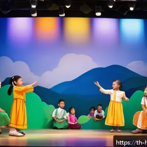 헤이지니와 관련된 키즈 드라마 - A vibrant and colorful children&rsquo;s theater stage set in a modern Thai classroom, featuring diverse yo...