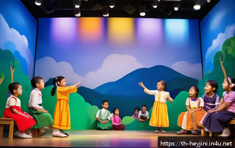 헤이지니와 관련된 키즈 드라마 - A vibrant and colorful children&rsquo;s theater stage set in a modern Thai classroom, featuring diverse yo...