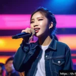 헤이지니 콘텐츠의 언어학적 분석 - A young female singer on stage, wearing stylish, modern casual clothing that reflects Korean pop cul...