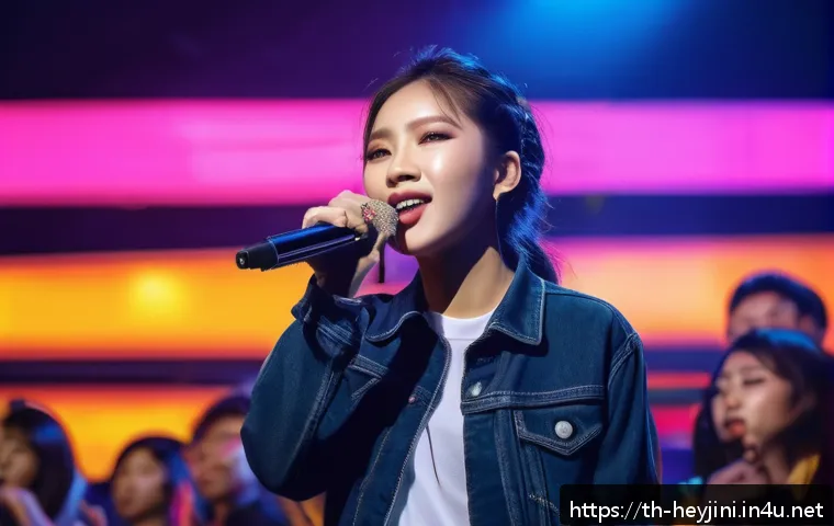 헤이지니 콘텐츠의 언어학적 분석 - A young female singer on stage, wearing stylish, modern casual clothing that reflects Korean pop cul...